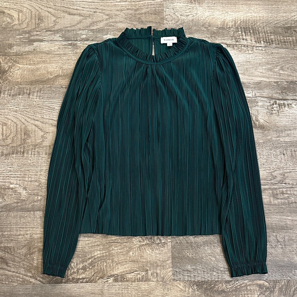 Evereve Women's Large Emerald Green Pleated Long Sleeve Blouse